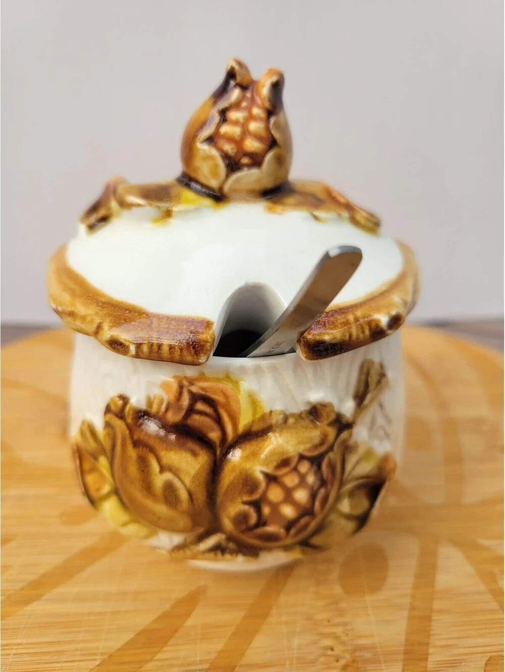 Vintage Japan Ceramic Sugar Bowl With Lid Spoon Brown Corn Leaves Prim Rustic
